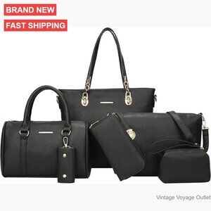 6-Piece Synthetic Leather Purse Set with Tote, Crossbody, Hobo & Clutch